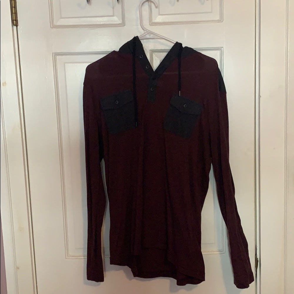 Maroon & Dark Grey/Black Hooded Long Sleeve Tee